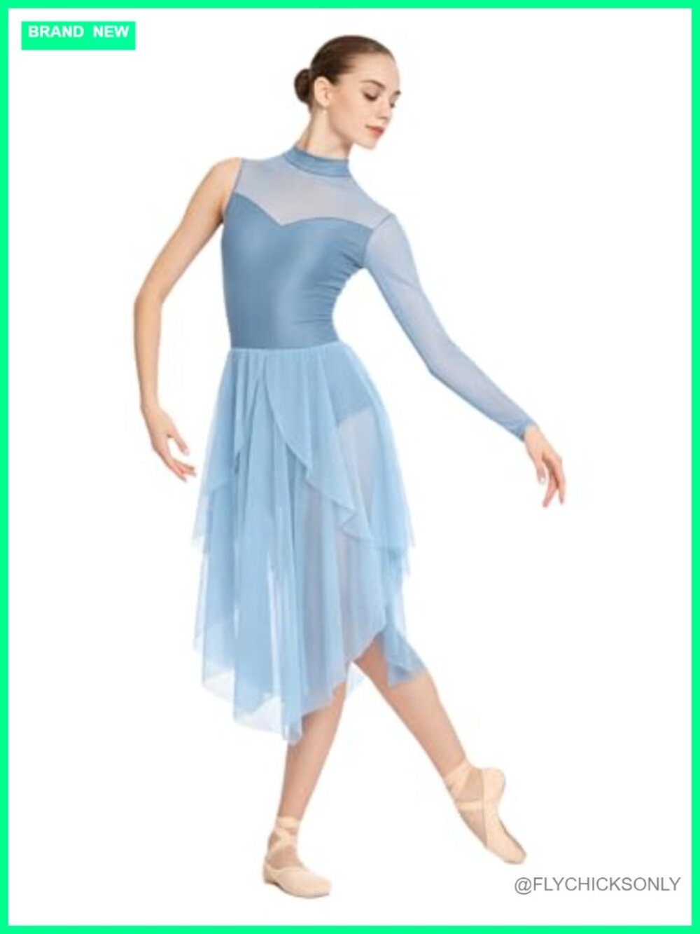 Lyrical Dance Dress Women Ballet Costume Asymmetric High Neck Mesh Stretchy